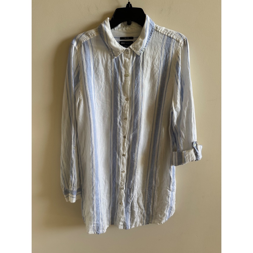 JNY Jones New York Women Blue White Striped 100% Linen Button Down Tunic Shirt